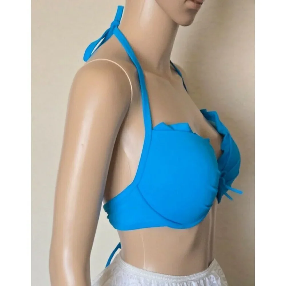 Victoria's Secret Fabulous Push Up Bikini Top blue Ruffle halter size 36D